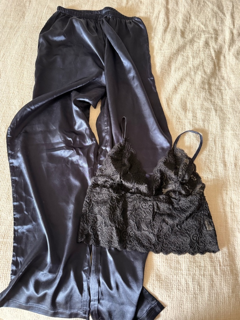 Black Lace Bralette & Satin Pajama Pant Set